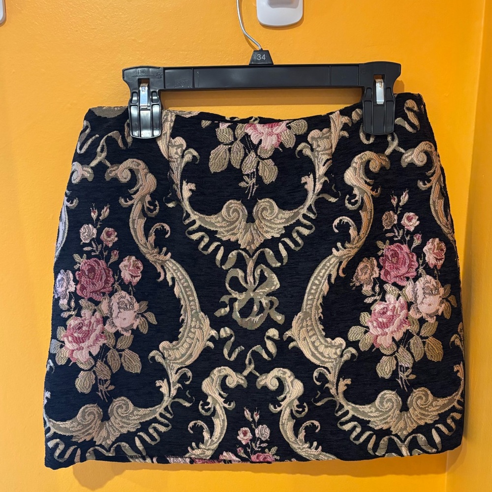 Bridgerton Style miami Black Jacquard Mini Skirt with Pink Rose Embroidery